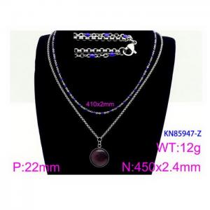 450mm Women Stainless Steel&Blue Stone Double Style Chain Necklace with Purple Round Blank Pendant - KN85947-Z