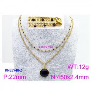 450mm Women Gold-Plated Stainless Steel&Black Stone Double Style Chain Necklace with Black Pixeled Mirror - KN85948-Z