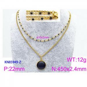 450mm Women Gold-Plated Stainless Steel&Black Stone Double Style Chain Necklace with Black Round Blank Pendant - KN85949-Z