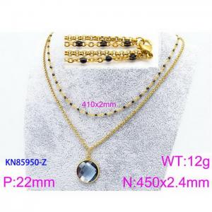 450mm Women Gold-Plated Stainless Steel&Black Stone Double Style Chain Necklace with Blue Pixeled Mirror - KN85950-Z