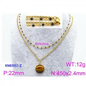 450mm Women Stainless Steel&Black Stone Double Style Chain Necklace with Yellow&Brown Round Pendant - KN85951-Z