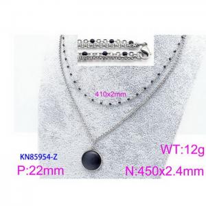 450mm Women Stainless Steel&Black Stone Double Style Chain Necklace with Black Round Blank Pendant - KN85954-Z