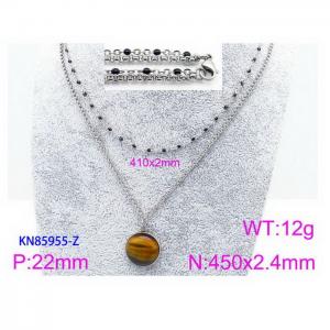 450mm Women Stainless Steel&Black Stone Double Style Chain Necklace with Yellow&Brown Round Pendant - KN85955-Z