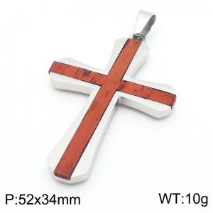 Stainless Steel With Wood Jesus Cross Pendant Steel Color - KP115667-GC