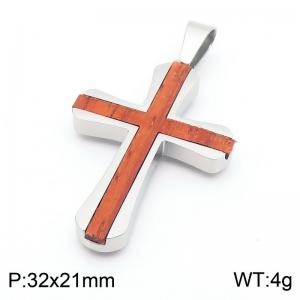 Stainless Steel With Wood Jesus Cross Pendant Steel Color - KP115668-GC