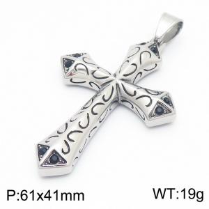 Punk style fashion personality stainless steel creative carving pattern inlaid with diamond cross temperament versatile retro silver  pendant - KP130923-MZOZ