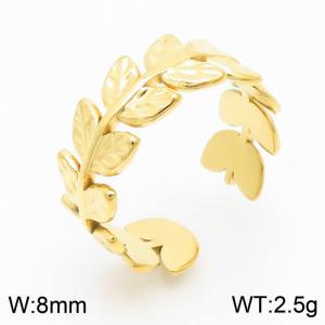 Stylish open adjustable leaf stainless steel gold-plated women's ring - KR105272-KFC