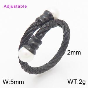Black Band With Shell Beads Adjustable Stainless Steel Black Ring For Women - KR107908-WGML