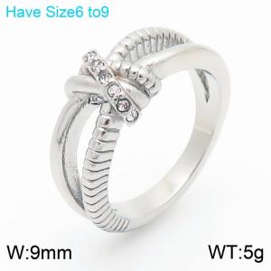 European and American fashion personality stainless steel creative hollow multi-layer geometric diamond inlay twisted charm silver ring - KR111012-K