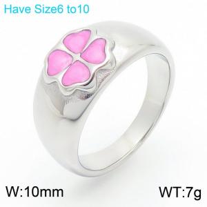 European and American fashion personality stainless steel pink heart-shaped four leaf clover charm silver ring - KR111092-K