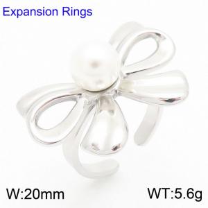 Fashionable and personalized Ins style stainless steel creative inlaid pearl hollow out wrinkled bow geometric opening charm silver ring - KR111270-KFC