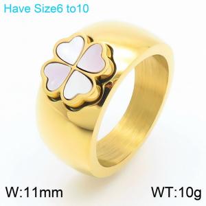 Fashionable and personalized Ins style stainless steel creative four leaf clover inlaid shell circular charm gold ring - KR111278-GC