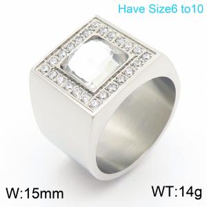 European and American fashion personality stainless steel creative square white gemstone inlaid with diamonds temperament silver ring - KR111282-GC