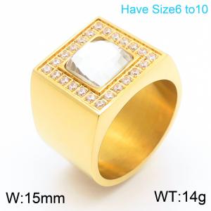 European and American fashion personality stainless steel creative square white gemstone inlaid with diamonds temperament gold ring - KR111283-GC