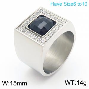 European and American fashion personality stainless steel creative square black gemstone inlaid with diamonds temperament silver ring - KR111284-GC