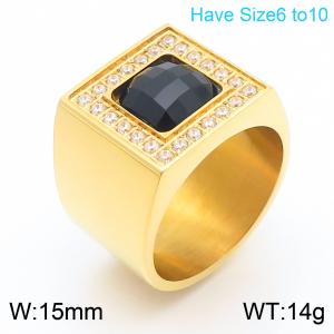 European and American fashion personality stainless steel creative square black gemstone inlaid with diamonds temperament gold ring - KR111285-GC