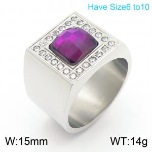 European and American fashion personality stainless steel creative square purple gemstone inlaid with diamonds temperament silver ring - KR111286-GC