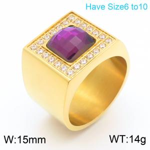 European and American fashion personality stainless steel creative square purple gemstone inlaid with diamonds temperament gold ring - KR111287-GC