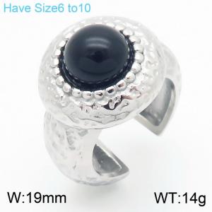 Trendy Titanium Steel Rings 18k Gold Stainless Hammer Pattern Black Stone Open Ring Female Jewelry - KR111373-GC