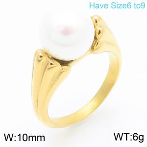 European and American fashion personality stainless steel creative geometric inlay round imitation pearl temperament gold ring - KR111444-GC