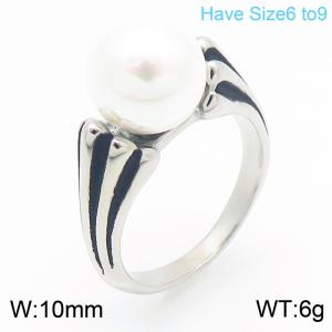 European and American fashion personality stainless steel creative geometric inlay round imitation pearl temperament silver ring - KR111445-GC