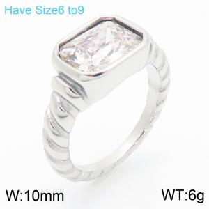 European and American fashion personality stainless steel creative rectangular inlaid transparent glass diamond geometric charm silver ring - KR111478-GC