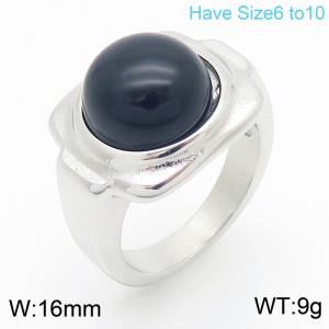 European and American fashion personality stainless steel creative inlaid black agate geometric temperament silver ring - KR111557-GC