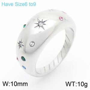 European and American fashion personality stainless steel geometric outer arc belt inlaid with colorful diamond polka dots and sun star charm silver ring - KR111579-GC