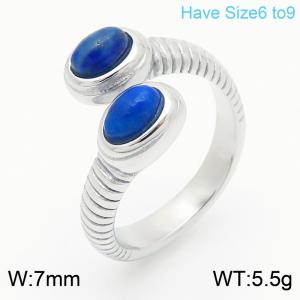 European and American retro personalized stainless steel creative opening with inlaid turquoise oval charm silver ring on both sides - KR111584-GC