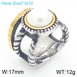 European and American retro personalized stainless steel creative hollow geometric inlaid pearl temperament two-color ring - KR112013-KC