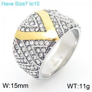 European and American retro personalized stainless steel creative wide and thick outer arc diamond inlaid carving V-letter domineering dual color ring - KR112015-KC