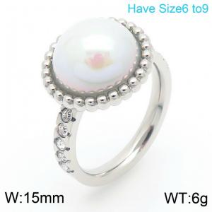 European and American fashion personality stainless steel creative circular shell pearl outer arc inlaid diamond temperament silver ring - KR112566-GC