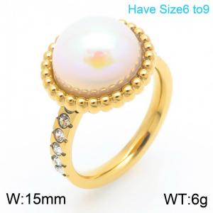 European and American fashion personality stainless steel creative circular shell pearl outer arc inlaid diamond temperament gold ring - KR112567-GC