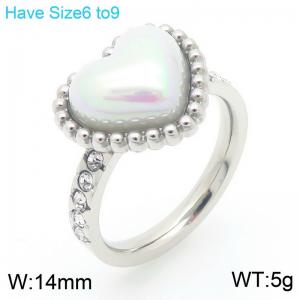 European and American fashion personality stainless steel creative heart-shaped shell pearl outer arc inlaid diamond temperament silver ring - KR112568-GC