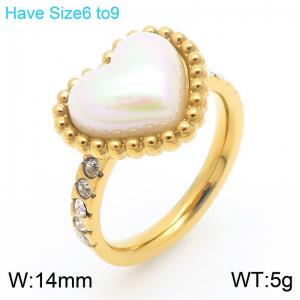 European and American fashion personality stainless steel creative heart-shaped shell pearl outer arc inlaid diamond temperament gold ring - KR112569-GC