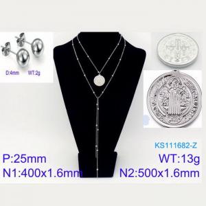 Women Stainless Steel 500mm Necklace&Earrings Jewelry Set with Christian Elements Round Pendant - KS111682-Z