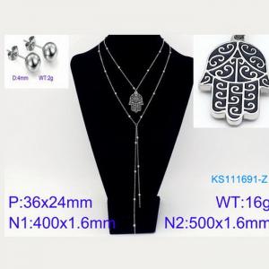 Women Stainless Steel 500mm Necklace&Earrings Jewelry Set with Black Fatima Hand Pendant - KS111691-Z