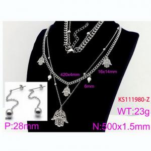 Women Stainless Steel 450mm Necklace&Earrings Jewelry Set with Fatima Hand Charms - KS111980-Z