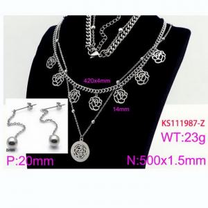 Women Stainless Steel 450mm Necklace&Earrings Jewelry Set with Rose Charms - KS111987-Z