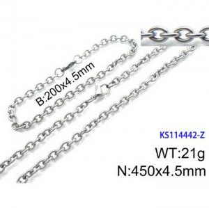 Stainless Steel 450x4.5mm Necklace 200x4.5mm Bracelet Silver Color Lobster Clasp Cuban Link Chain Jewelry Sets For Women Men - KS114442-Z