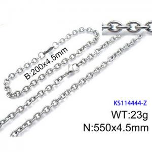 Stainless Steel 550x4.5mm Necklace 200x4.5mm Bracelet Silver Color Lobster Clasp Cuban Link Chain Jewelry Sets For Women Men - KS114444-Z