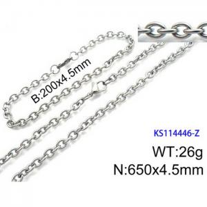 Stainless Steel 650x4.5mm Necklace 200x4.5mm Bracelet Silver Color Lobster Clasp Cuban Link Chain Jewelry Sets For Women Men - KS114446-Z