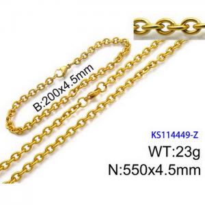 Stainless Steel 550x4.5mm Necklace 200x4.5mm Bracelet Gold Color Lobster Clasp Cuban Link Chain Jewelry Sets For Women Men - KS114449-Z