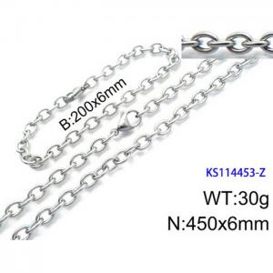 Stainless Steel 450x6mm Necklace 200x6mm Bracelet Silver Color Lobster Clasp Cuban Link Chain Jewelry Sets For Women Men - KS114453-Z