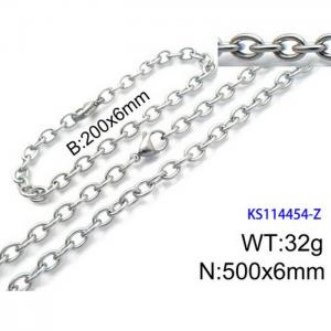 Stainless Steel 500x6mm Necklace 200x6mm Bracelet Silver Color Lobster Clasp Cuban Link Chain Jewelry Sets For Women Men - KS114454-Z