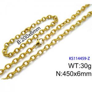 Stainless Steel 450x6mm Necklace 200x6mm Bracelet Gold Color Lobster Clasp Cuban Link Chain Jewelry Sets For Women Men - KS114459-Z