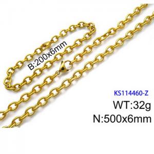 Stainless Steel 500x6mm Necklace 200x6mm Bracelet Gold Color Lobster Clasp Cuban Link Chain Jewelry Sets For Women Men - KS114460-Z