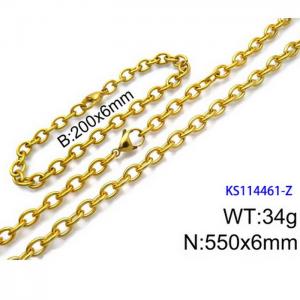 Stainless Steel 550x6mm Necklace 200x6mm Bracelet Gold Color Lobster Clasp Cuban Link Chain Jewelry Sets For Women Men - KS114461-Z