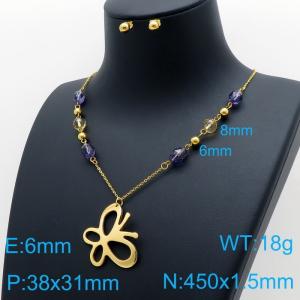 French colored beads stainless steel women's butterfly necklace earrings two-piece set - KS136408-Z