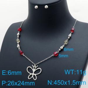 French colored beads stainless steel women's butterfly necklace earrings two-piece set - KS136415-Z